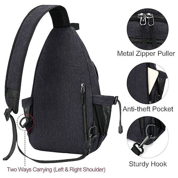 Sling Backpack,Canvas Crossbody Hiking Daypack , Space Gray - Picture 5 of 7